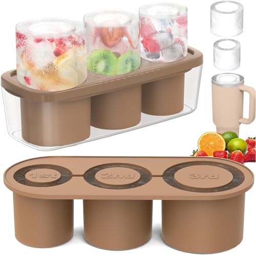 ROMANVIC Stanley Cup Eiswürfelform Zubehör,Eiswürfelbehälter Silikon mit Deckel und Behälter,3 Fach Eiswürfelschale,Eiswürfel für 42 Oz Tumbler Becher Cocktails,Whisky,Obst Fruchtpürees