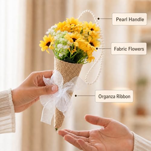 Image of SATYAM KRAFT 1 Pcs Artificial Daisy Flower Bouquet with Pearl Handle | Decorative Wall Hanging Floral Arrangement for Home Decor, Living Room, Gifting & Festive Decoration (Yellow)