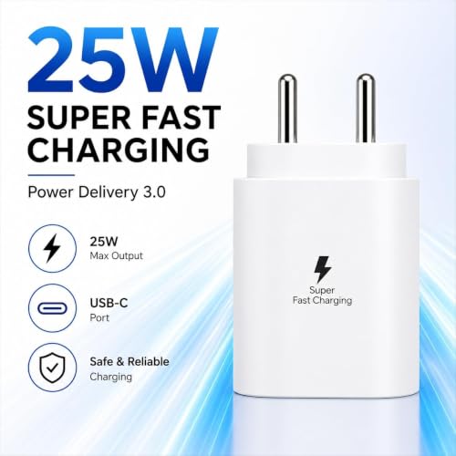 Image of Zybux 25W Type C to C Charger Adapter Compatible with Samsung Galaxy M47 /M17 /M17e /A17 /A57 /A27 /M57, M07 /F07 /F70e /A07 /F06 /M06 /A06 /S25 /S24 /S3 /Fe /5G, 25 w USBC to USB-C Super-Fast Original Charge, White