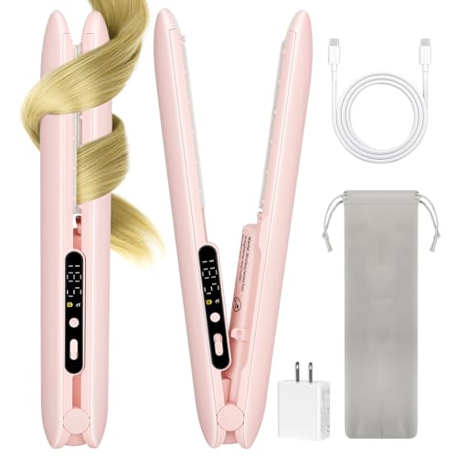 Plancha de Pelo Inalámbrica y Rizadora 2 en 1 con Pantalla LCD - Plancha Portátil de 30 W para Viaje, 3 Niveles de Temperatura (145-185 °C) para Todo Tipo de Cabello, Placas de Cerámica, Herramienta de Estilizado Recargable por USB (Rosa)