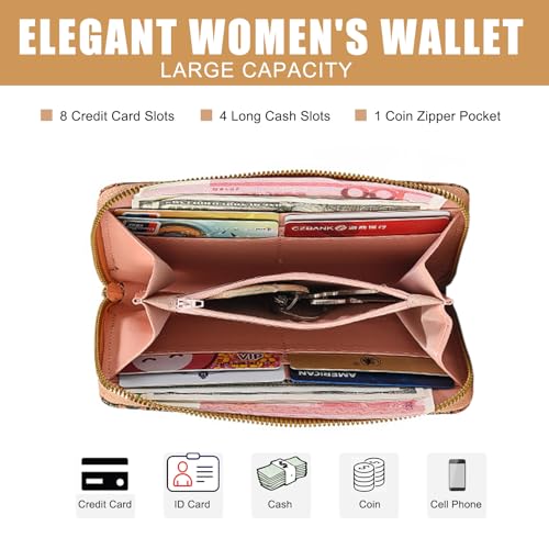 Women's Wallet, Vintage Wood Grain Zipper Wallets, Ladies RFID Blocking Credit Card Holder Wristlet Wallet for Women, Large Capacity Leather Purse Clutch (Feather)3