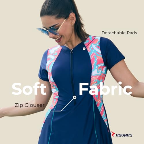 Image of ROVARS Spandex One Piece Three Fourth for Women I Removable Pads I Half Sleeves I 3 /4 Length I Front Zipper