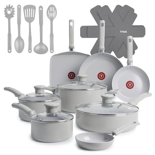 T-Fal Refresh Ceramic Pots and Pans Set, 20-Piece Nonstick Cookware Set, Stockpot, Griddle, Frying Pans, Utensils, Moon Grey