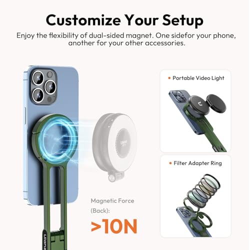 Image of ULANZI MA30 Magnetic Phone Tripod Stand for iPhone - Aluminium Maglock Smartphone Mini Tripod Pocket Cell Phone Stand Strong Magnet Quick Mount Compatible with iPhone 16 15 14 13 12 Series, Green