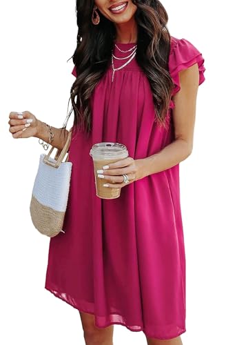Image of KIRUNDO Wedding Guest Shift Dresses for Women Short Spring Summer Ruffle Cap Sleeve Chiffon Babydoll Flowy Mini Sundress