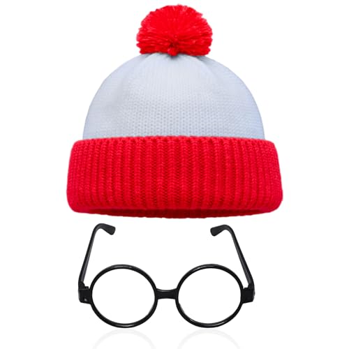 Sdfvsdg 2 Pcs Red and White Striped Hat Halloween Hats with Pompoms for Men Women Glasses Nerd Cosplay Costume Party Props