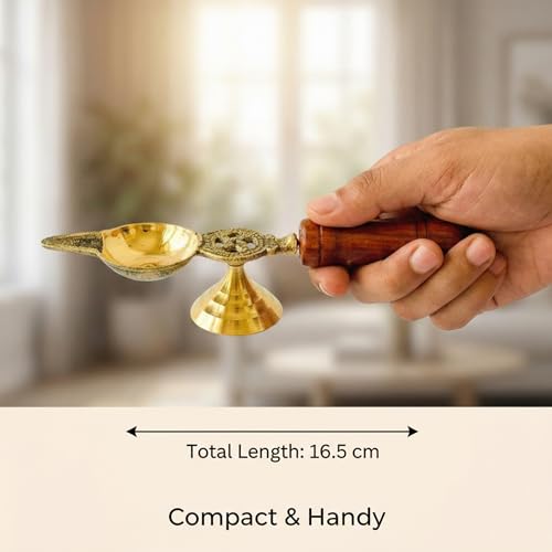 Image of 100% Pure Brass Spoon Aarti Diya with Wooden Handle | Medium Size Pooja Diya | Traditional Oil Lamp for Temple, Prayer & Festivals | Housewarming & Indian Ceremonial Gifting