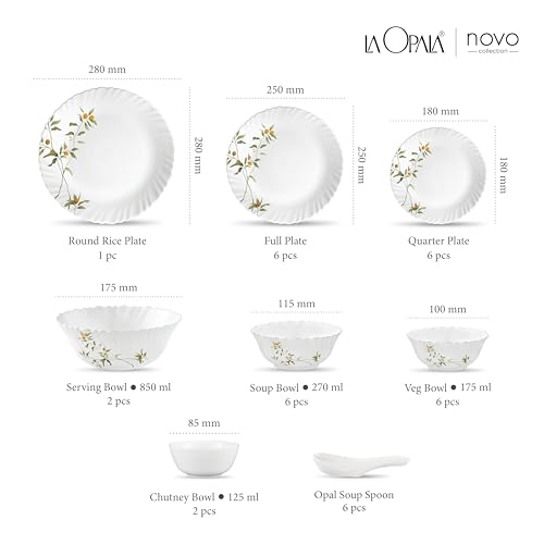 Image of La Opala Novo Collection Opal Glass Crockery | for Family of 6 | Dinner Set 35 pcs Vivid Greens | Plates & Bowls for Dining | Microwave Safe | 100% Vegetarian | Extra Strong | Light & White