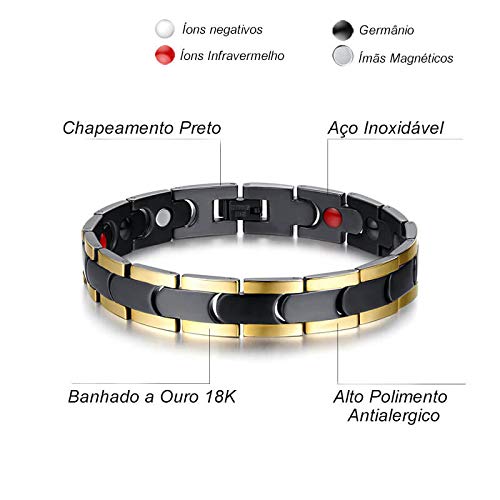 Pulseira Masculina Magnética de Aço Inox Titânio com Filetes banhados a Ouro 18K