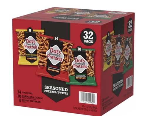 Dot's Homestyle Pretzels Variety Pack, Original, Parmesan Garlic, Honey Mustard Seasoned Pretzel Twists, 32 Count, 1 oz Bags