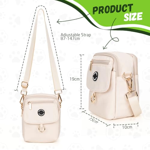 COOWONE Leckerli-Tasche für Hunde, wasserdicht, mit Kotbeutelhalter, mehrere Taschen, Kuriertasche, verstellbarer, dicker Schultergurt, zweilagige Crossbody-Tasche für Welpentraining, Wandern, beige