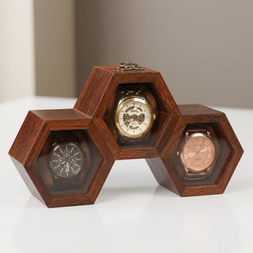Image of Honeycomb Design Wooden Watch Box, 3 Compartment Handmade Organizer Case, Golden Brown Velvet Lined Gift For Men & Women, Dustproof Storage Box & Durable