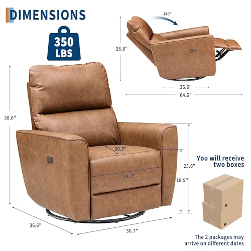 Image of GarveeHome Power Recliner Chair, 270 Swivel Rocking Glider with USB Charging Port, PU Leather Upholstered Fabric, Ergonomic Modern Nursery Chair for Living Room, Bedroom, Nursery (Brown)