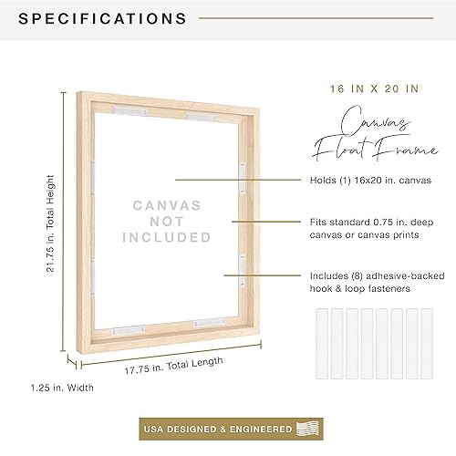 Image of MCS Canvas Float Frames 16x20 Frame, Natural Woodgrain for Finished Canvases, Vertical & Horizontal Wall Hanging Large with Adhesive for Canvas Paintings (1-Pack)