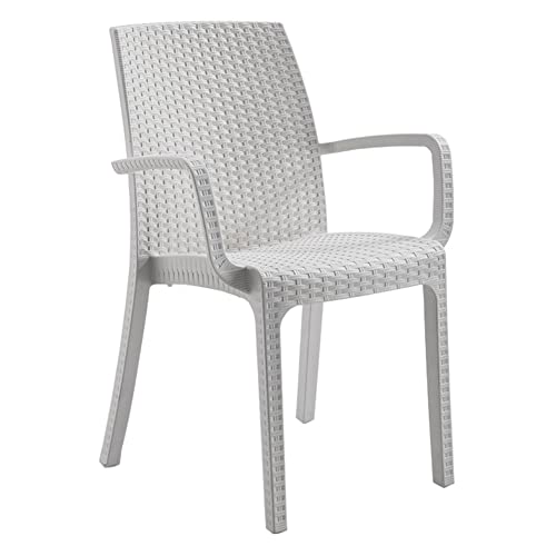 Totò Piccinni Sedia INDIANA in Resina Simil Rattan effetto realistco, impilabile per bar ristorante casa giardino (Con Braccioli, Bianco, 4 Pz)