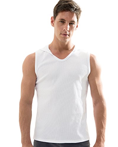 Ililily Stretchy Ribbed Knit Hoodie Sleeveless Athletic Muscle Tee Tank Top (Tshirts-349-4-M) White #TOP30