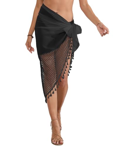 NLAND Pareos Playa Mujer Pareo Bikini Cover Up Cubierta Sarong para Mujer Falda de Gasa Corta con Borla de Playa，Negro Talla única