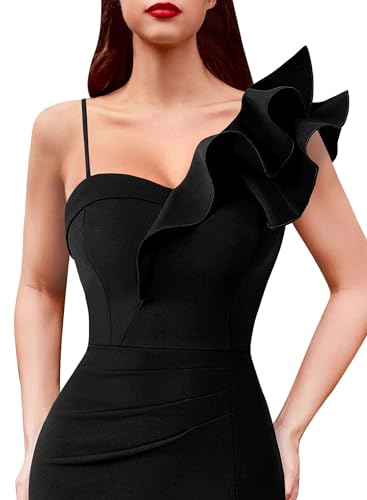 Image of VFSHOW Womens Ruffle One Shoulder Strap Ruched Formal Prom Wedding Maxi Dress V Neck Elegant Split Cocktail Evening Long Gown