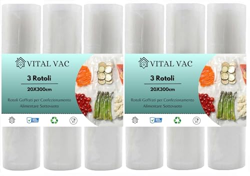 Vital Vac 6 Rotoli Sottovuoto Gofratto 20X300 Cm | Per Sous Vide E Conservazione Degli Alimenti | Compatibile Con Foodsaver, Macom, Bonsenkitchen, Act