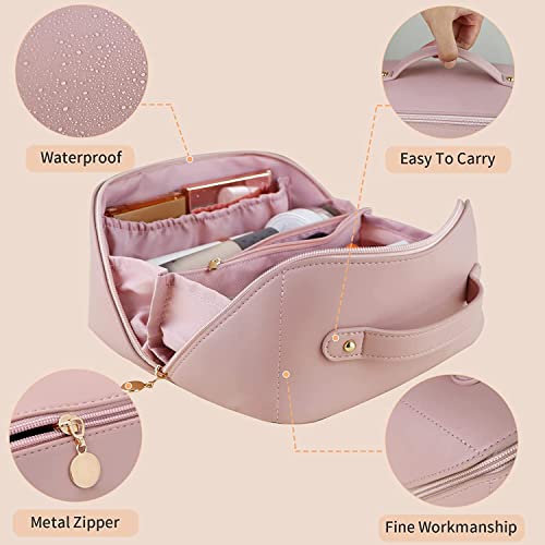 Image of HOUVIDA Large Capacity Travel Cosmetic Bag PU Leather Waterproof Portable with Handle and Divider Multifunctional Bag Makeup Accessories for Women (Pink)