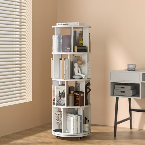 Image of IUNVR 4 Tier Rotating Bookshelf Tower Spinning Bookshelf with Swivel Wheels Book Shelf Rotating Storage Tower for Kids Adult Narrow Solid Wood Revolving Bookcase Organizer for Bedroom Living Room