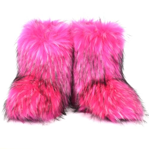 Image of Fashion Fur Boots,Flat Heel Comfy Plush Warm Snow Booties,2025 Winter Outdoors Furry Boots,Mid-Calf Faux fur Boot for Women.