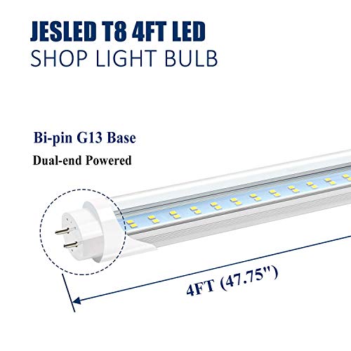 JESLED T8 T12 4FT LED Tube Light Bulbs, 24W 6000K-6500K, 3000LM, 48 Inch LED Replacement for Flourescent Tubes, Ballast Bypass, Dual-end Powered, Clear, 4 Foot Garage Warehouse Shop Lights (12-Pack)
