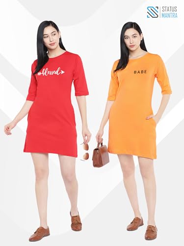 Image of STATUS MANTRA Long T-Shirt Dress for Women - Cotton Knee Length T Shirt Top | 3 /4th Sleeves, Soft Bio-Washed Fabric | Stylish Regular Fit Crew Neck