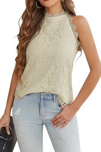 Cnlinkco Womens Lace Tank Tops Crochet Hollow Out Sleeveless Summer Vest Halter Tops Beige M