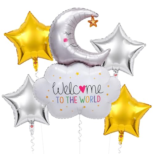 Image of Rozi Decoration Welcome Baby Foil Balloon Set with Moon Cloud & Star Balloons, 5 Pcs Baby Shower Decoration Kit for Newborn Welcome Party & Naming Ceremony