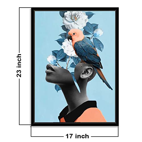 Image of PAINTINGMANTRA Blue Bell Girl With Flower Bouquet Black Framed Canvas Print for Wall, Home and Living Room Decoration (Size - 23 x 17 Inchs)