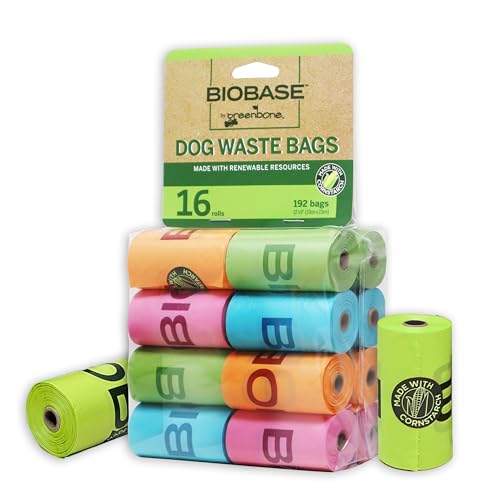 Image of Biobase by Greenbone Dog Poop Bags - 16 Rolls (192 Bags), Cornstarch-Based, Durable, Fits Most Dispensers