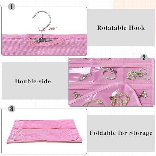 Image of Earring Organizer for Women | Hanging Jewellery Organiser with 48 Double-Sided Transparent Pockets | Earrings Holder, Necklace, Bangle Organizer | Jewelry Storage Organizer for Wardrobe Closet (Pink)