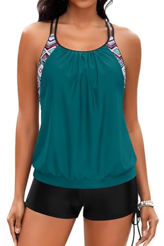 Image of Holipick Tankini Swimsuits Two Piece Tummy Control Bathing Suits Blouson Swim Tank Top with Boy Shorts