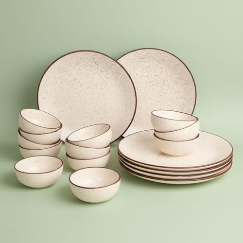 Image of Freakway Ceramic Dinner Set, 18 Pieces, Handcrafted Speckled Matte Finish, Microwave and Dishwasher Safe