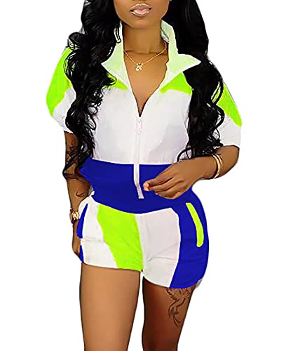 Women Color Block 2 Piece Tracksuit Outfits Windbreaker Long Sleeve Hoodie Jacket Crop Top and Shorts Set RoyalBlue M