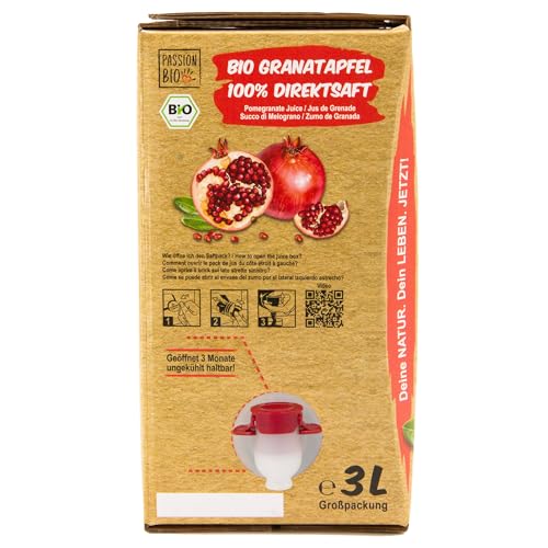Bio Granatapfelsaft, 3 Liter, naturtrüb – 100% Bio Granatapfel Direktsaft aus 40 Granatäpfeln – fruchtig, erfrischender Geschmack – kein zugesetzter Zucker (lt. Gesetz) enthält von Natur aus Zucker