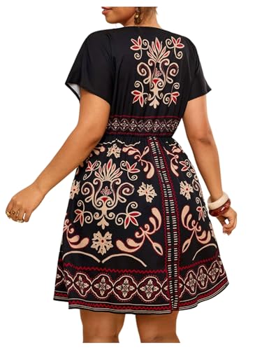 Image of Floerns Women's Plus Size Summer Vacation Wrap V Neck Short Sleeve Ruffle Hem A Line Hawaiian Short Dress