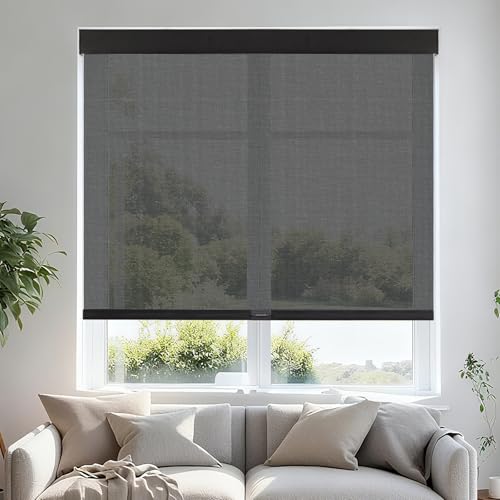 Persilux Free-Stop Cordless Roller Shades for Windows Light Filtering Shades, 5% Openness Solar Screen Semi Sheer Roller Blinds UV Protection for Office and Home. Easy to Install 70' W x 72' H, Black