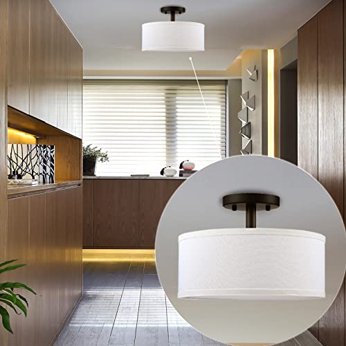 Leading Lighting 12" White Fabric Drum Shade 2 Light Semi Flush Mount Ceiling Light Black Finish,Kitchen Island Chandeliers Shade For Bar, Dining Room,Corridor,Living Room #TOP4