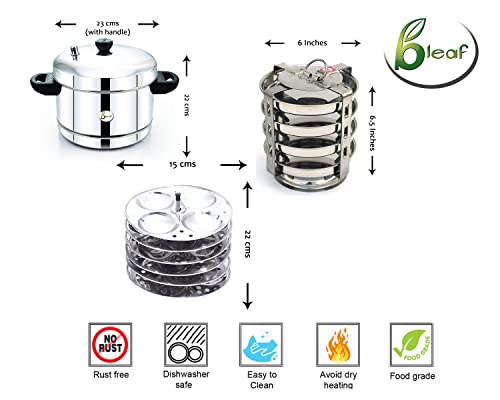 Image of BLeaf Stainless Steel - Idli cooker (Induction & Standard) with Regular Idli Stand /Idli Plates (6 Plates, 24 Idlis) (Idli Cooker with 6 Regular Idli Plates with 4 Plates Thatte Idli Stand)