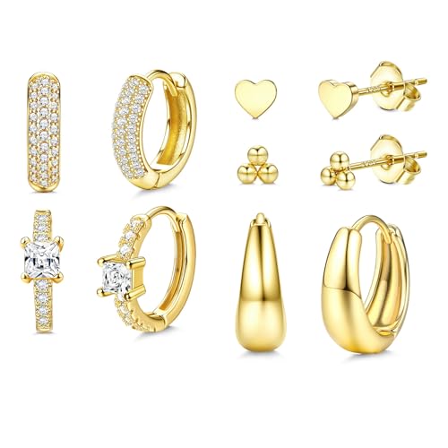 Small Chunky Gold Hoop Earrings for Women-5 Pairs Sterling Silver Post Huggie Earring Stacks for Multiple Piercing Trendy Cartilage Hypoallergenic Earings for Sensitive Ears