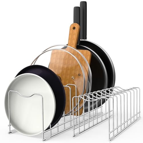 FLSEPAMB Pfannendeckelhalter, 2 Stück Deckelhalter Schublade mit 9 Slots, Metall Topfdeckelhalter geeignet für Backgeschirr, Serviertabletts, wiederverwendbare Halterung (8 Silikon-Fußabdeckungen)