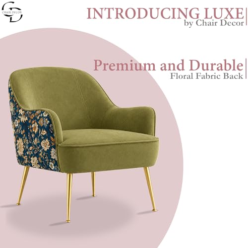 Image of Accent Chair with Ottoman | Modern Velvet Lounge Chair with Floral Designer Back | Upholstered Armchair for Living Room, Bedroom & Cafe | Golden Legs (Parrot Green Floral)