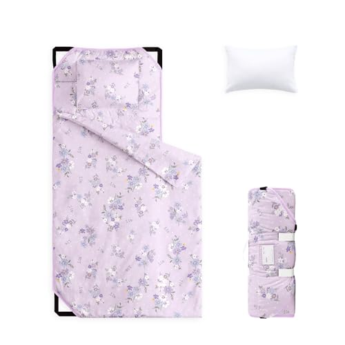 Image of Wake In Cloud - Cot Nap Mat with Pillow and Blanket, 100% Cotton Fabric, for Toddler Kids Girls Ages 3 Plus in Daycare Kindergarten Preschool with Elastic Corner Straps, Floral Flowers