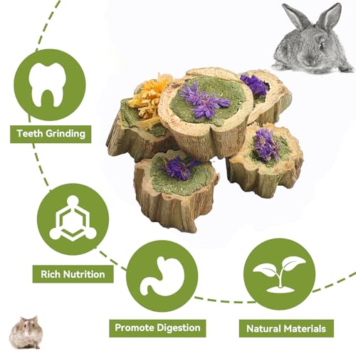 Image of Natural Rabbit Chew Toys,Papaya Wood Sticks Organic Rabbit Treats with Timothy Hay Cakes and Dried Flower Rabbit Enrichment Toys for Guinea Pig Teeth Grinding (3.52 OZ / 100g)