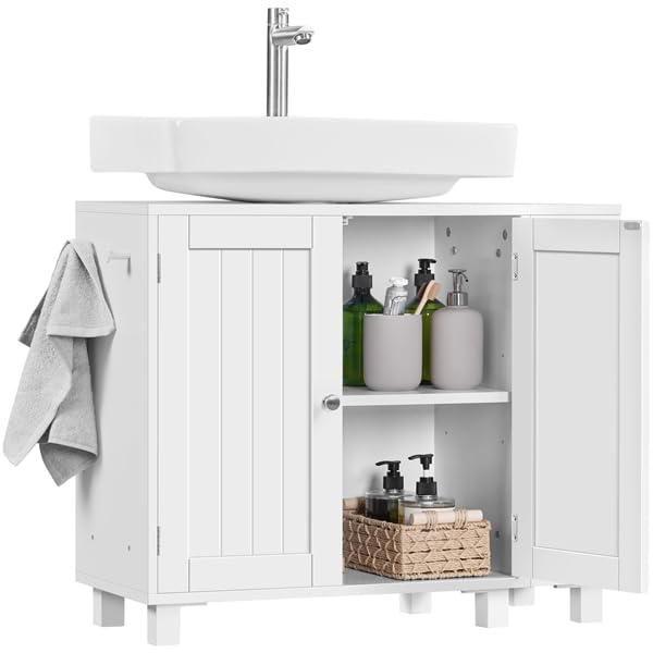 Yaheetech Mobile Sottolavabo con Ripiani Regolabili Armadio da Bagno Autoportante con Apertura a U Mobile da Bagno a Due Ante con Scaffale Laterale Aperto e Ganci (Bianco)