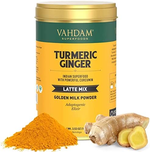 VAHDAM, Organic Turmeric Ginger Latte Mix (40 Cups, 3.53oz) Caffeine-Free Golden Milk Powder with Curcumin, Black Pepper & Ginger | Brew Hot/Iced Tea or Turmeric Latte