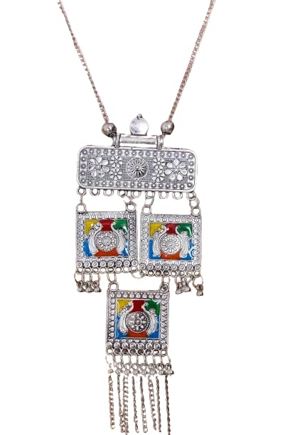 SAAR THE ESSENCE Oxidised Silver Multicolor Square Tassel Jewellery Set for Womens Girls - Necklace with Earrings Wear in any occasion on Ethnic, Casual wear (B0DB63STPS) Amazon Price History, Amazon Price Tracker