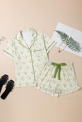 Image of KevaMolly Women Novelty Knotted Candy Cane Christmas Pajama Set | Christmas Floral Bow Print PJ Set, Button Lapel Knotted Drawstring Shorts with Convenient Side Pockets